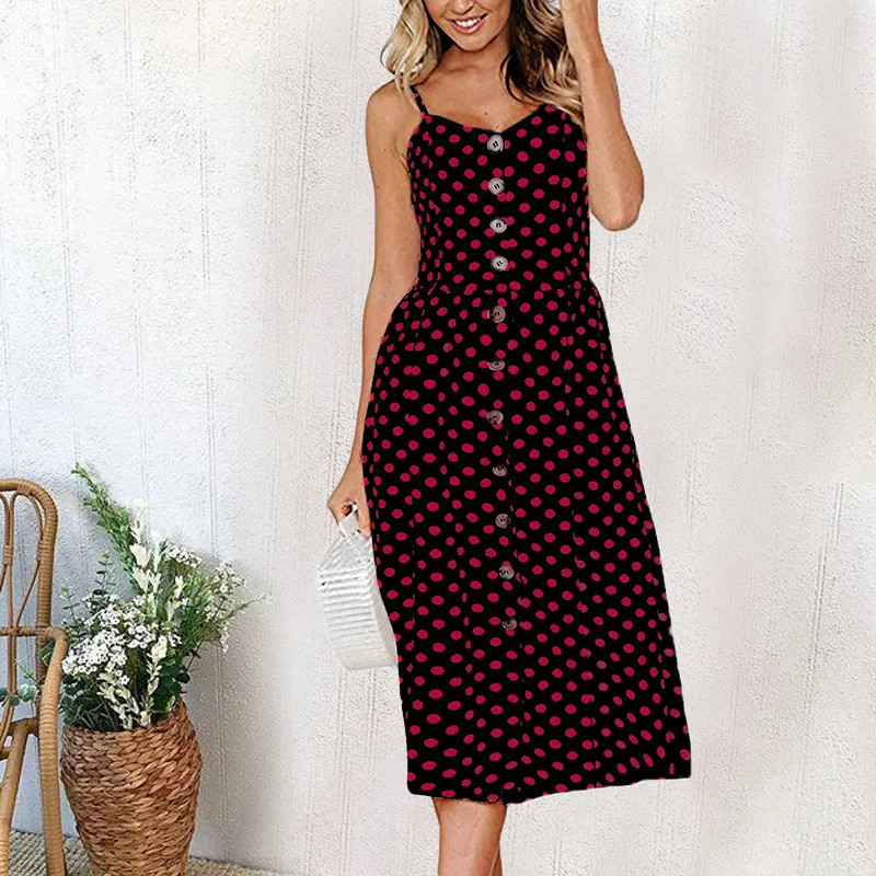 

Casual Vintage Sundress Women Summer Dress 2020 Boho Sexy Dress Midi Button Backless Beach Polka Dot Solid Dress Female Clothes