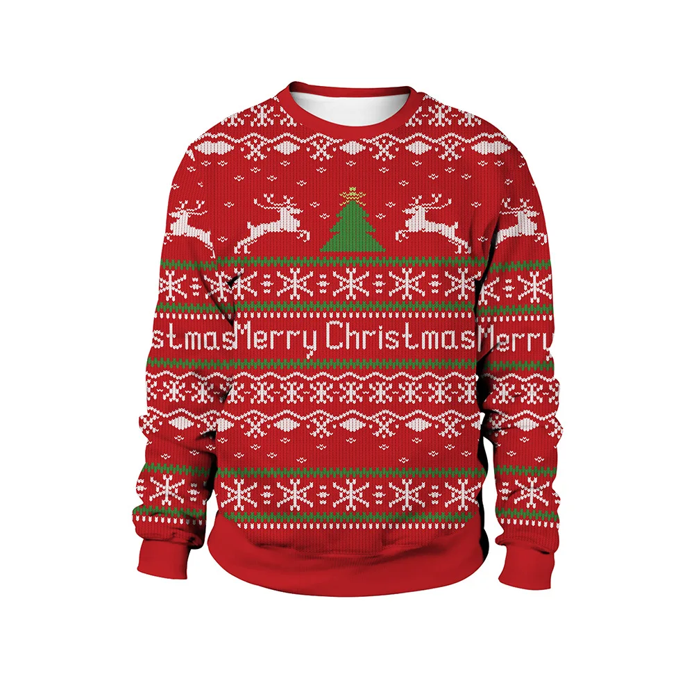 

2021Hot Selling New Cute Deer Christmas Digital Printing Pattern Round Neck Christmas Couple Sweater Polyester Casual Pullovers