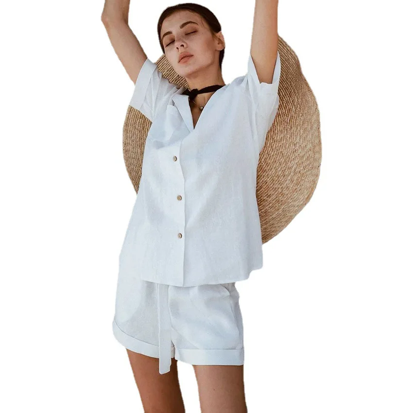 

The new summer style, turn-over collar, short-sleeved shirt, elastic belt, zipper, cuffed pants, wide-leg pantsuit