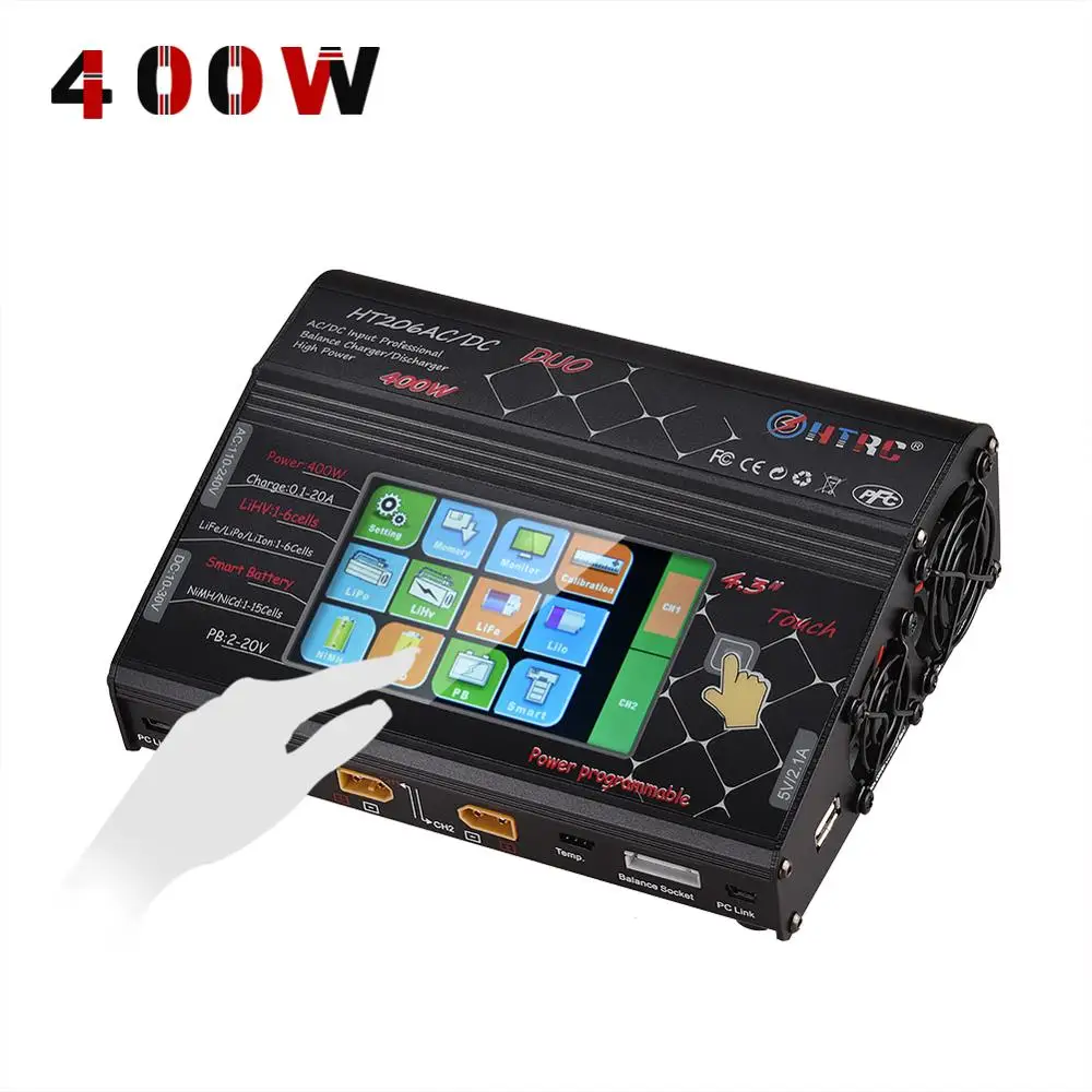 HTRC HT206 AC/DC DUO 400 Вт 40A двухпортовый RC баланс зарядного устройства Lipo зарядное устройство с ЖК-сенсорным экраном Lilon/LiPo/LiFe/LiHV зарядное устройство