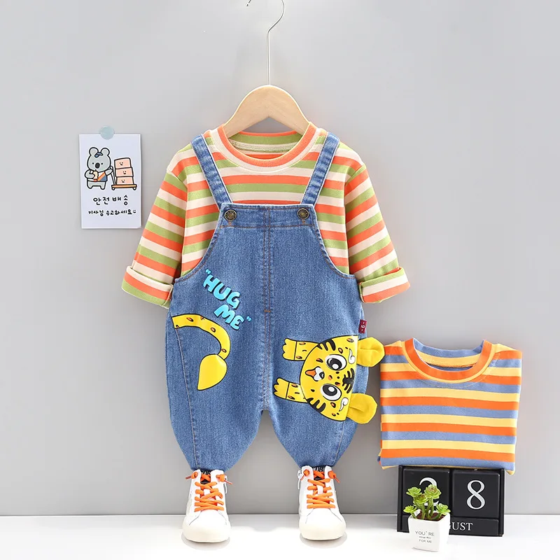 

Baby Girls Boys Clothing Sets 2021 Spring Autumn Children Cute Striped T-shirt+Cartoon Tiger Denim Overalls Toddler Clothes