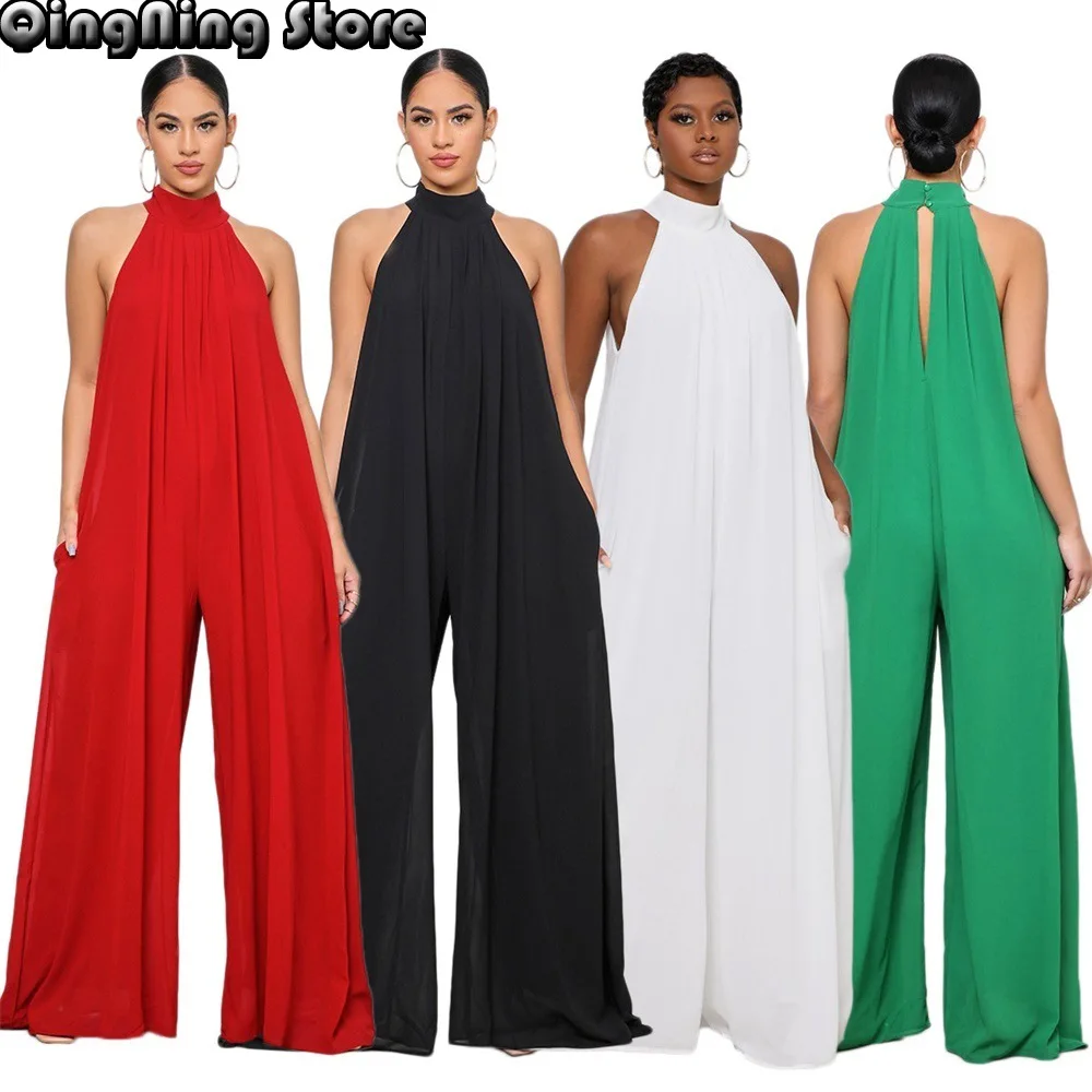 

Off The Shoulder Chiffon Loose Jumpsuit for Women High Necked Sleeveless Wide Leg Overall Office Lady Back Hollow Bodysuits