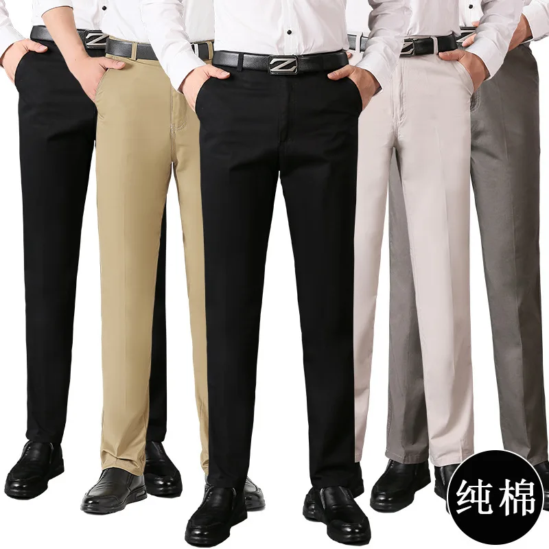 

men's casual pants fitness straight cotton blends long trousers plus size 2019 spring fall elastic khakis grey black dad slacks