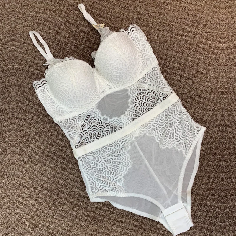 

Sexy Full Bodyshaper Bra Women Deep V Push Up Bra Seamless Padded Bra Thong Body Suit Hollow Lace Underwear Shapewear Bodysuit