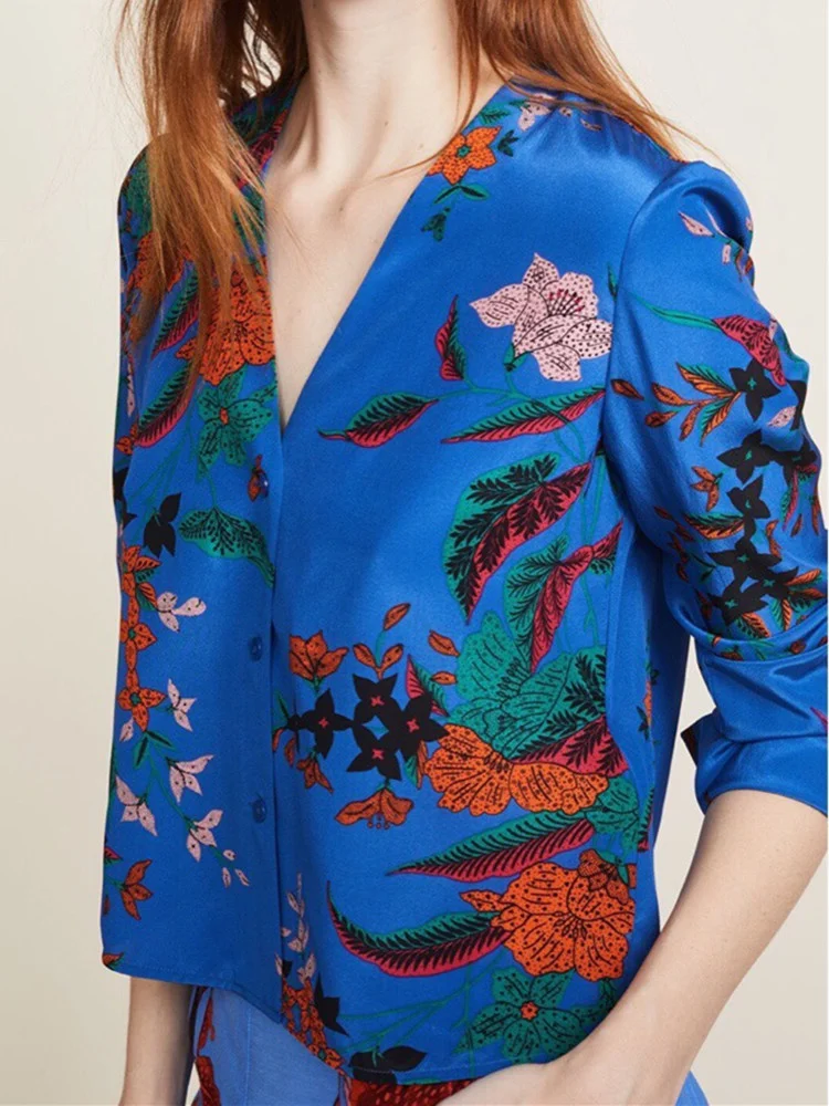 

Women Blue Print Blouse V-Neck 100% Silk Long Sleeve Ladies Soft Shirts Top