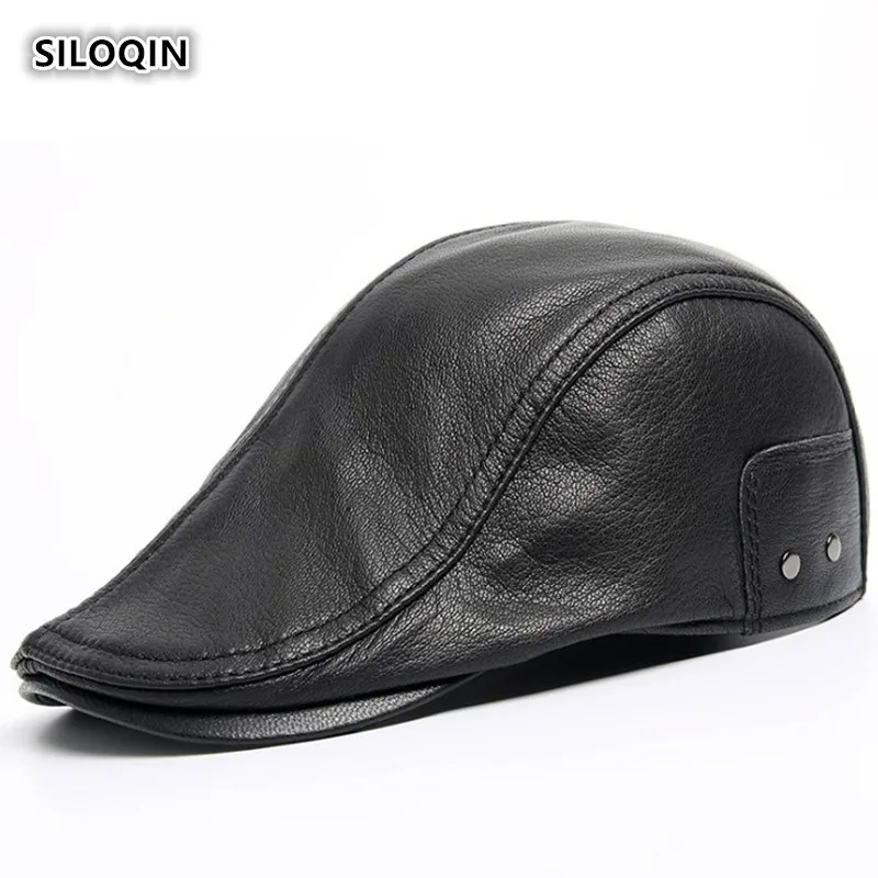 

SILOQIN Men‘s Winter Genuine Leather Hat Quality First Layer Sheep Skin Berets Adjustable Size Leisure Warm Tongue Cap Snapback