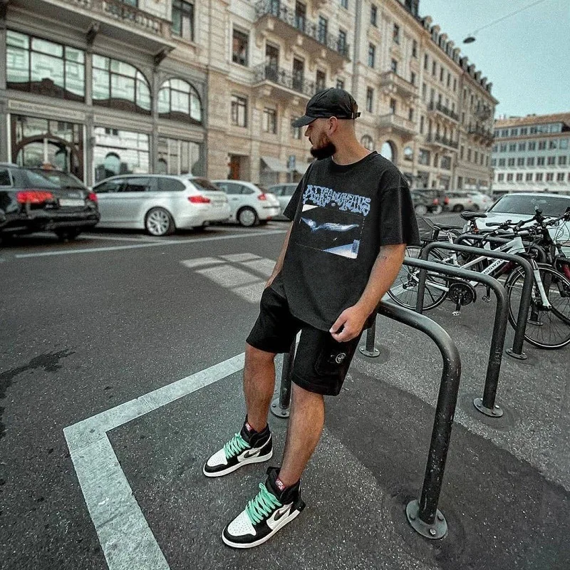 

High Street Vintage short sleeve t Men Women 90s rock band wash make old AY letter T-shirt lightning print portrait pattern top