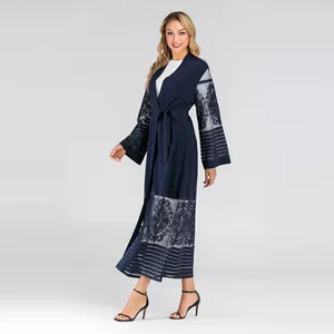 Muslim Open Abaya Embroidery Mesh Dubai Long Robe Hijab Dress Women Caftan Lace-up Kimono Jubah Islamic Clothing Arab Outwear