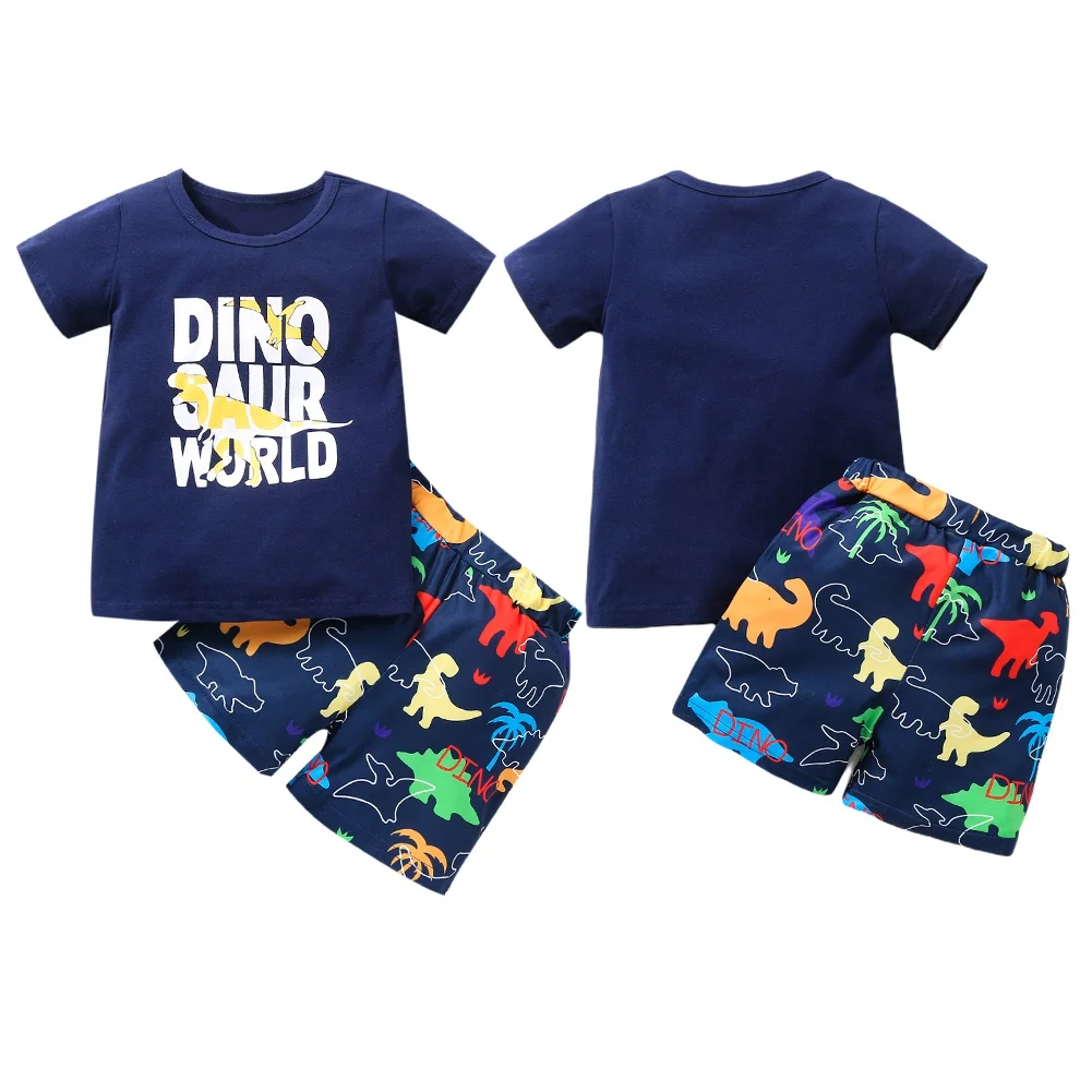 

New Baby Boy Summer Set Dinosaur Letter Print T-shirt Short Sleeve Blouse Tops +Dinosaur Shorts Toddle Kid Clothing 2PCS Outfits