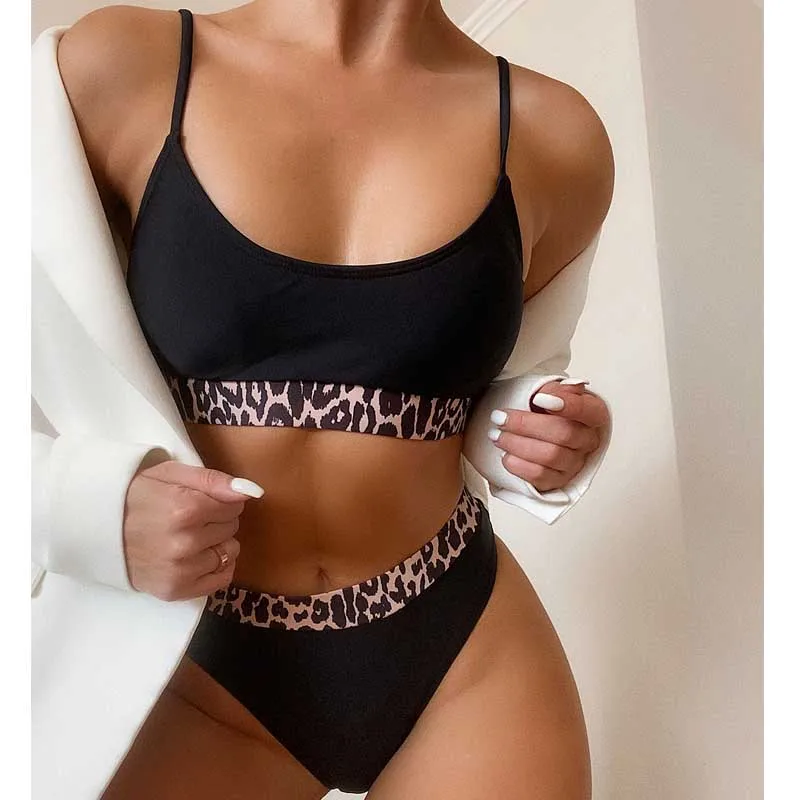 

High Waist Bikini 2 Piece Set Women Leopard Patchwork Swimsuit Bathing Suits 2021 Swimming Swimwear Brazil Sexy Push Up C62
