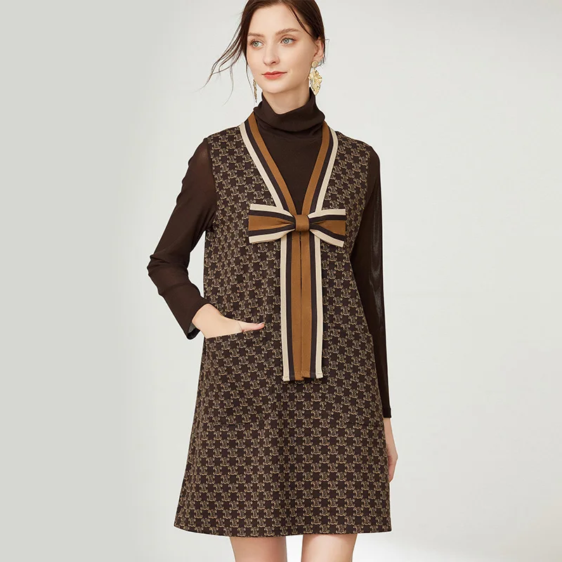 

Knit Dress Turtleneck Women Winter Autumn Basic Sweater Bow Full Sleeve Long Knitted Warm Dresses Female Clothings
