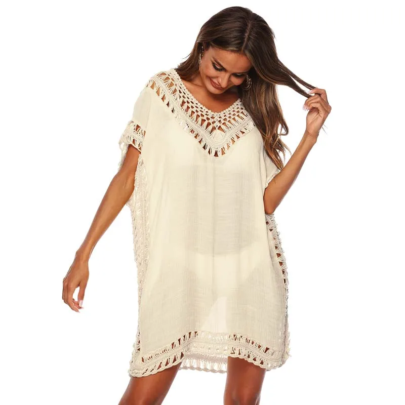 

2021 Summer Beach Cover Up Women Hollow Out Crochet Dress Ladies Beachwear Loose Swimsuit Bikini Cover Up Beach Wear Dress