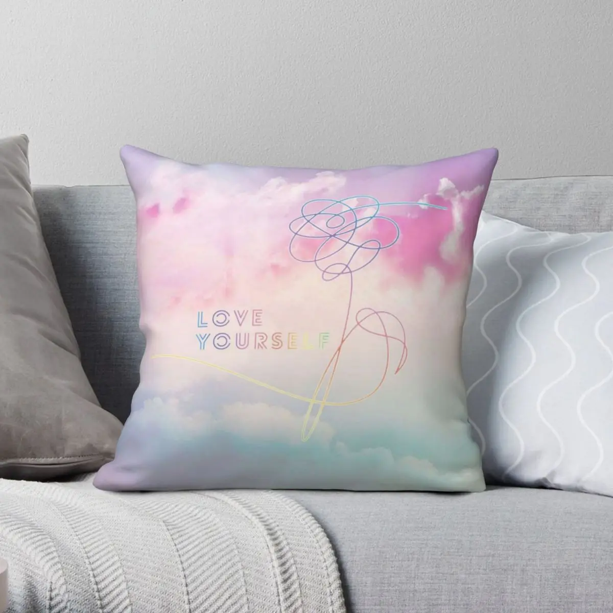 

Love Yourself Her Pastel Clouds Kpop Merch Square Pillowcase Polyester Linen Velvet Zip Decor Pillow Case Home Cushion Cover