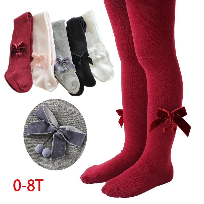 Soft breathable little girls pantyhose fall wide velvet bowknot design tights for girls stocking clothes warm children pants 2-8