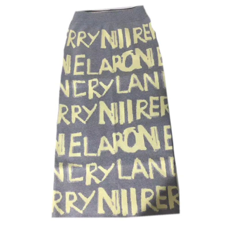 

Women's Letter Knit Skirt Autumn Winter High Waist Split Straight Office Lady Long Warm Step Faldas