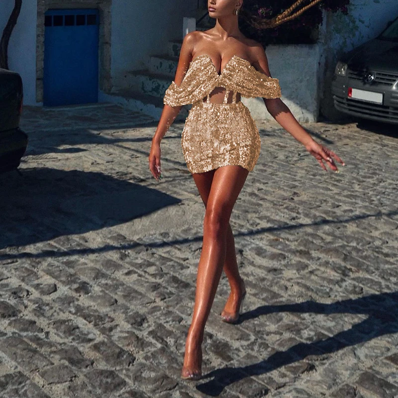 

2021 New Arrival Elegant Off Shoulder Mini Dress Women Summer Sleeve Slash Neck Sequins Hollow Out Bodycon Evening Party Dresses
