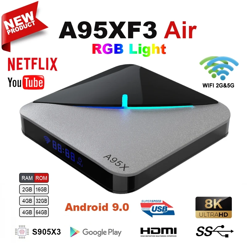 ТВ-приставка A95X F3 Air 8K Android 9 0 RGB светильник ка ОЗУ 2 ГБ/4 ГБ ПЗУ 16 Гб 3264 Amlogic S905X3 H.265 Wi-Fi