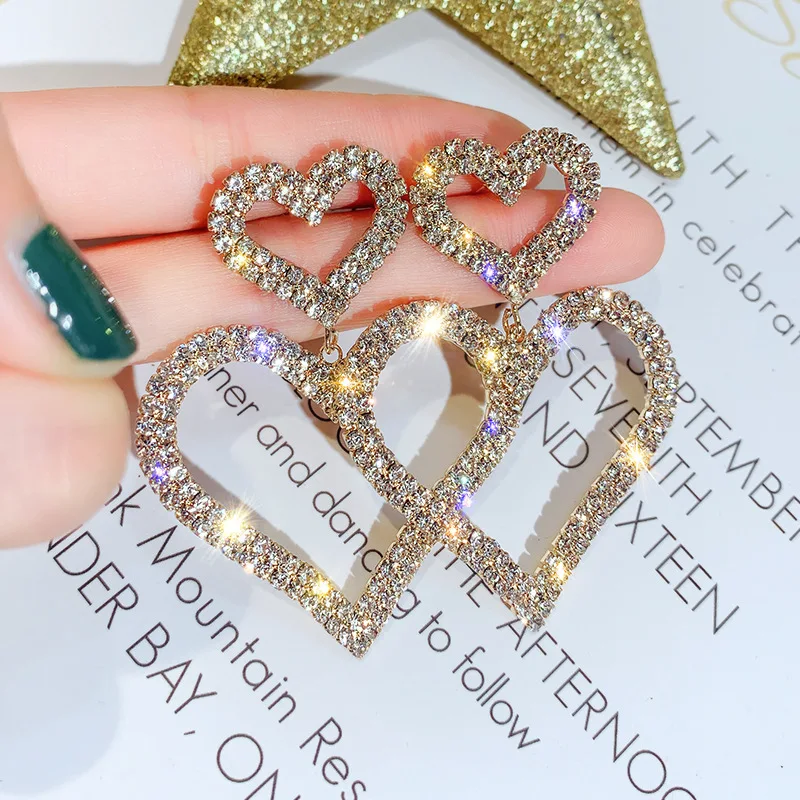

925 Silver Needle European And American Fashion Exaggerated Temperament Trend Diamond Inlaid Double Love Long Earrings
