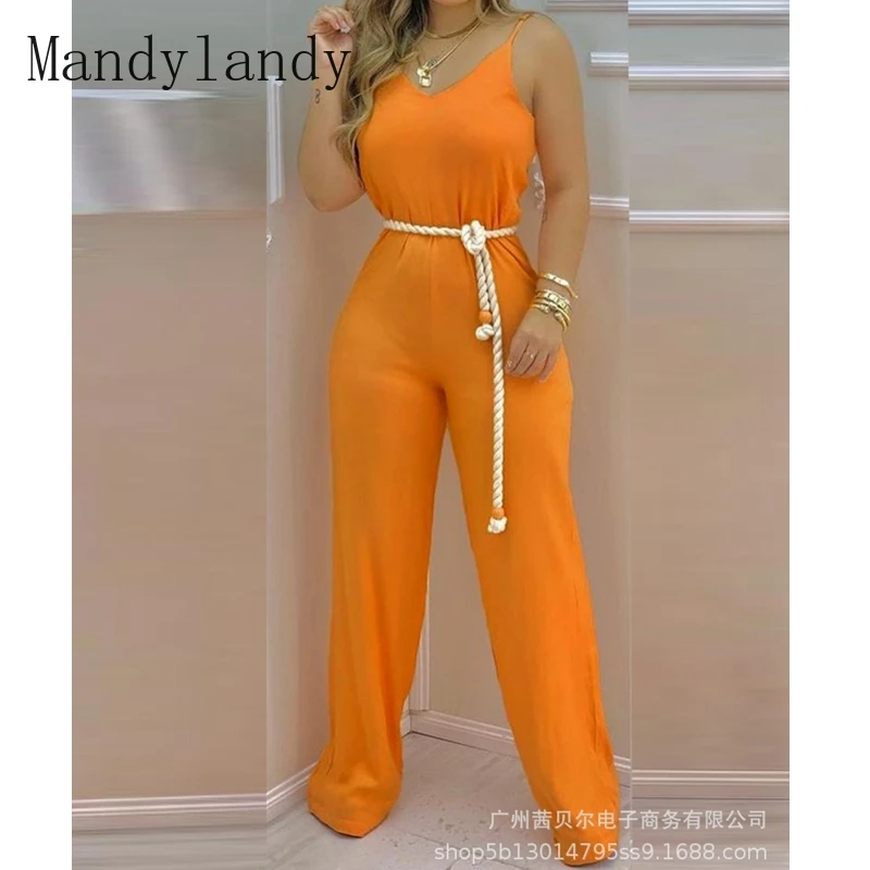 

Mandylandy Jumpsuits Summer Casual Sleeveless V-neck Spaghetti Strap Jumpsuits Women's Sexy Solid Color Straight Jumpsuits