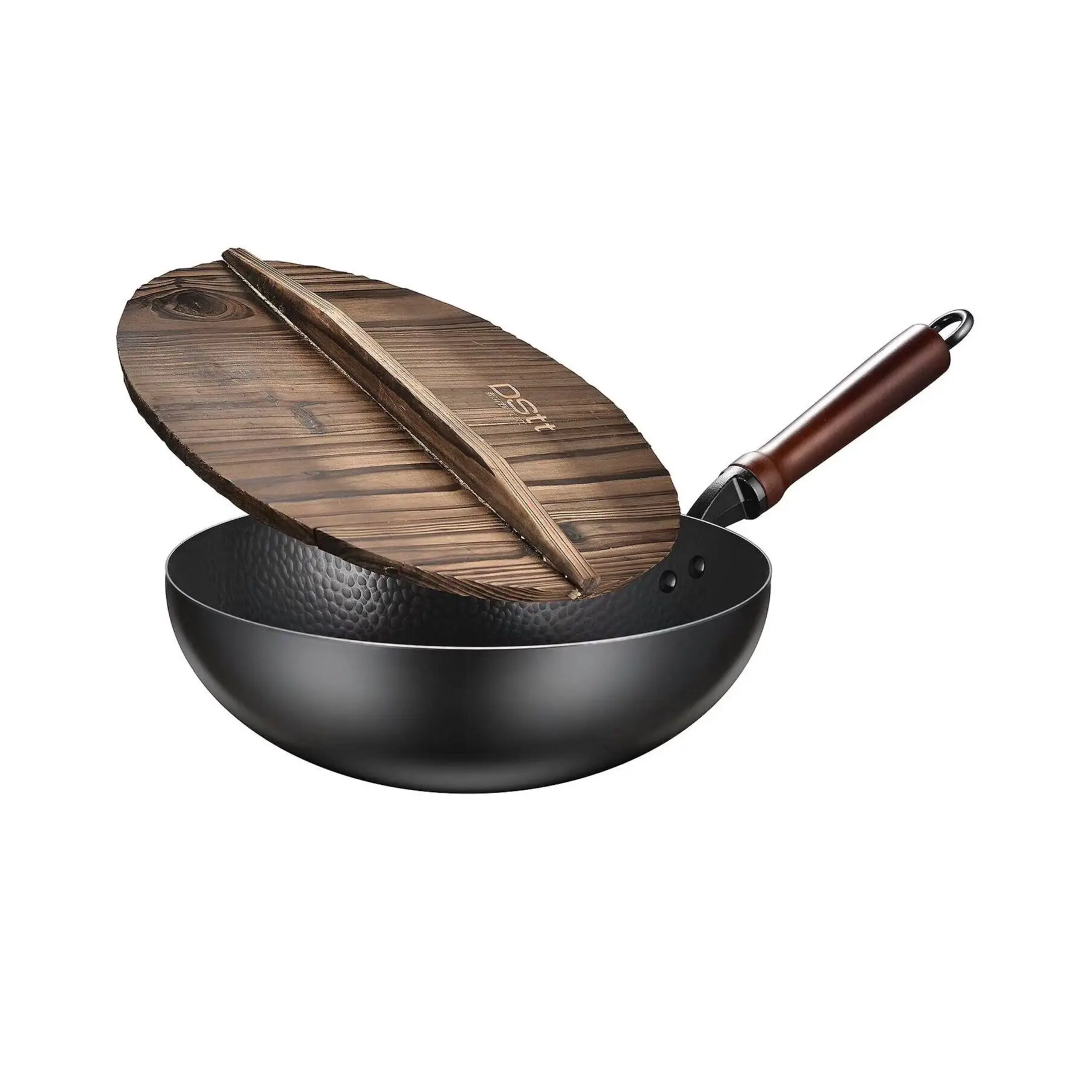 

32cm Non-stick Chinese Style Cooking Wok Metal Non-coating Smokeless Kitchen Pot with Wood Cover Iron Kitchen Cook Tool