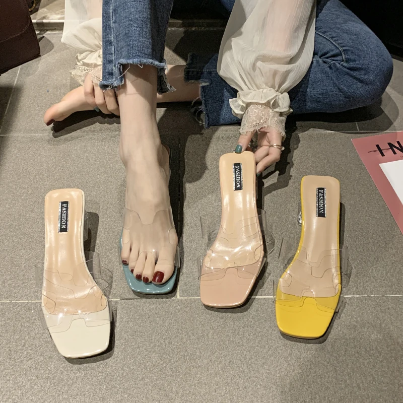 2020 Summer New Crystal Women Shoes Mules Transparent Slippers Fashion Sexy Ladies Clear Square High Heels Beach | Обувь