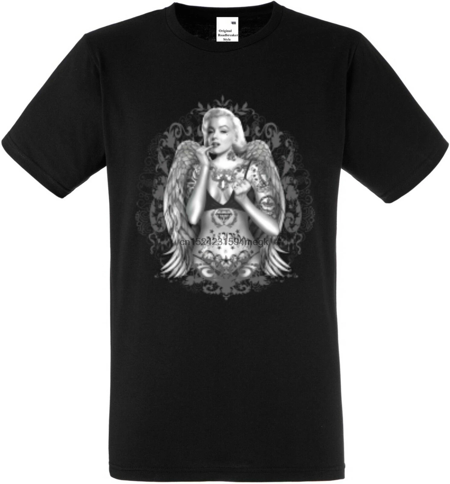 

T-shirt in Black with a tattoo and motorcycle old school motif model marilyn wing