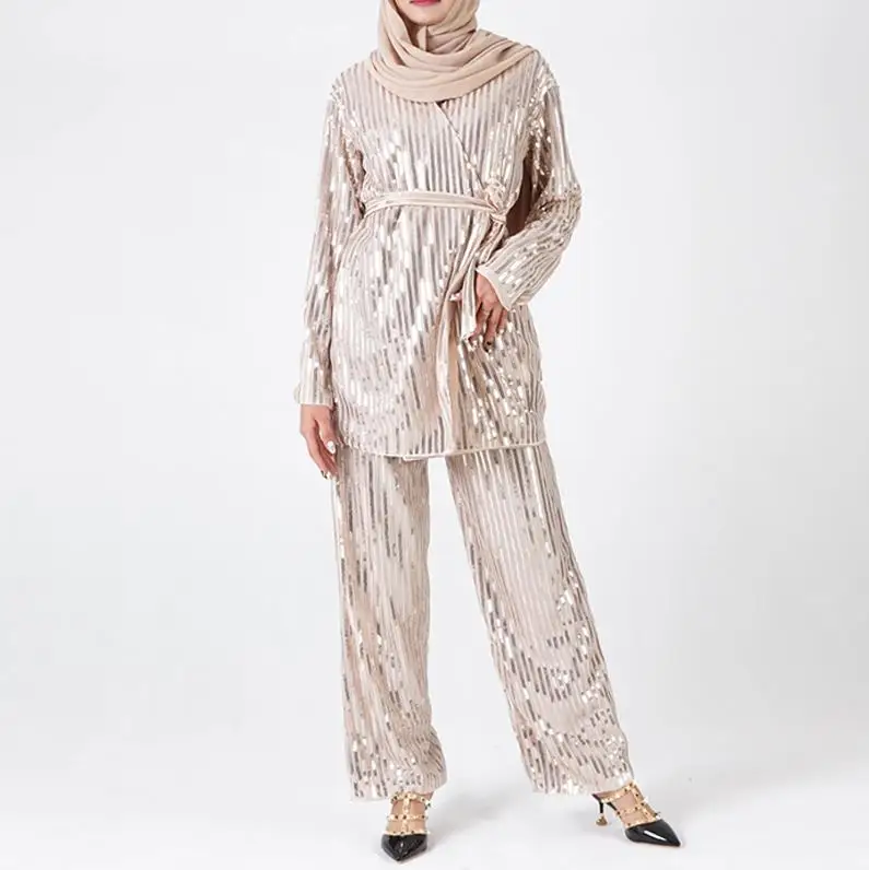 Champagne set Блесток abaya Дубай мусульманский Топ ансамбль Femme 2 шт. Pantalon Оман Пакистан Исламская молитва одежда для женщин хиджаб платье комплект - Цвет: Champagne set