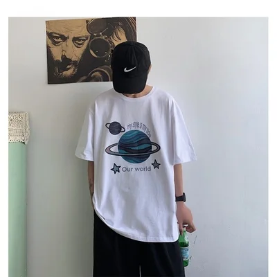 

han Men's summer planet personality printed short-sleeved couple loose casual T-shirt
