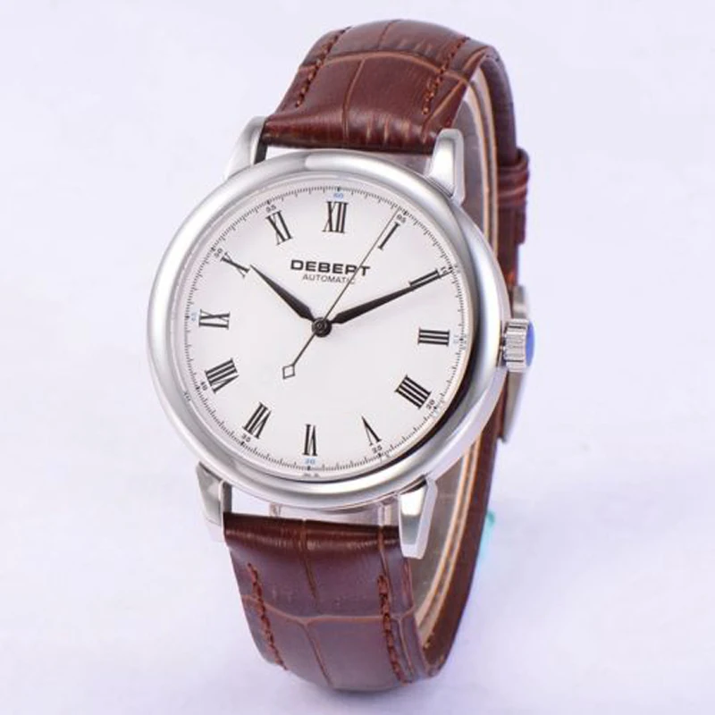Мужские механические часы Debert 40 мм с белым циферблатом и сапфировым ремешком