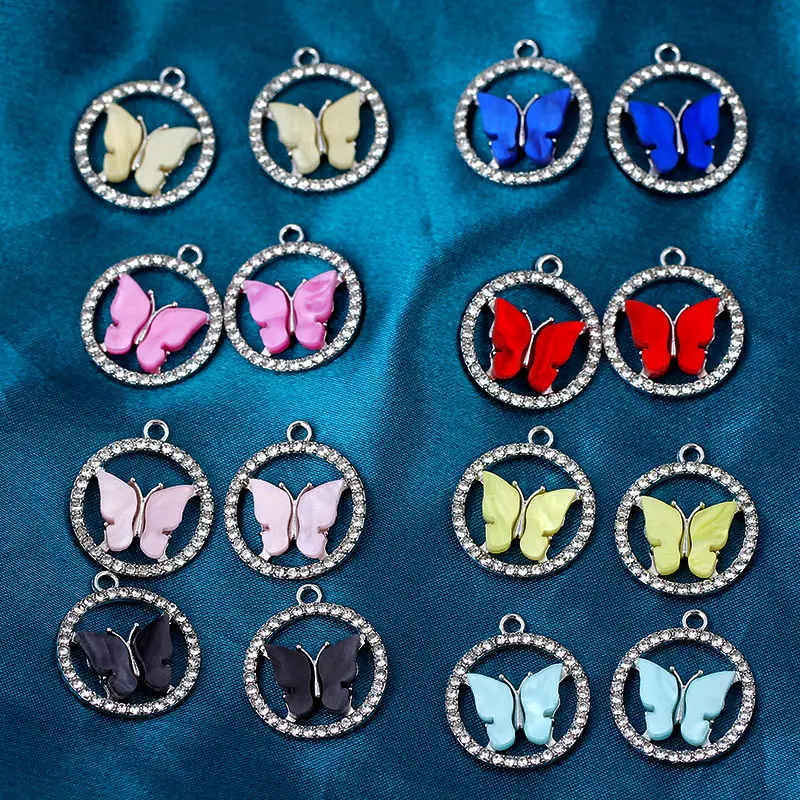 

Silver Color Metal Rhinestone Acrylic Cute Butterfly Charms Colorful Insect Charms 10Pcs For DIY Necklace Accessories Wholesale