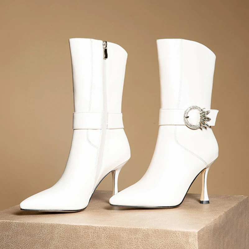 

ANNYMOLI Crystal Genuine Leather Super High Heel Mid Calf Boots Women Shoes Pointed Toe Stiletto Heels Buckle Zip Ladies Boots