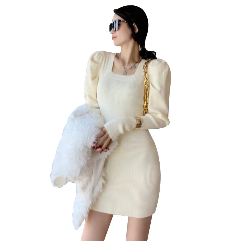

2021 New Puff Sleeves with Bottoming Knitted Dress Women Spring and Autumn Tight-fitting Pure Color Hip Sweater Skirt Trend