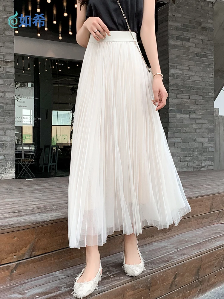 Женская длинная Плиссированная Юбка пачка винтажная фатиновая юбка с высокой