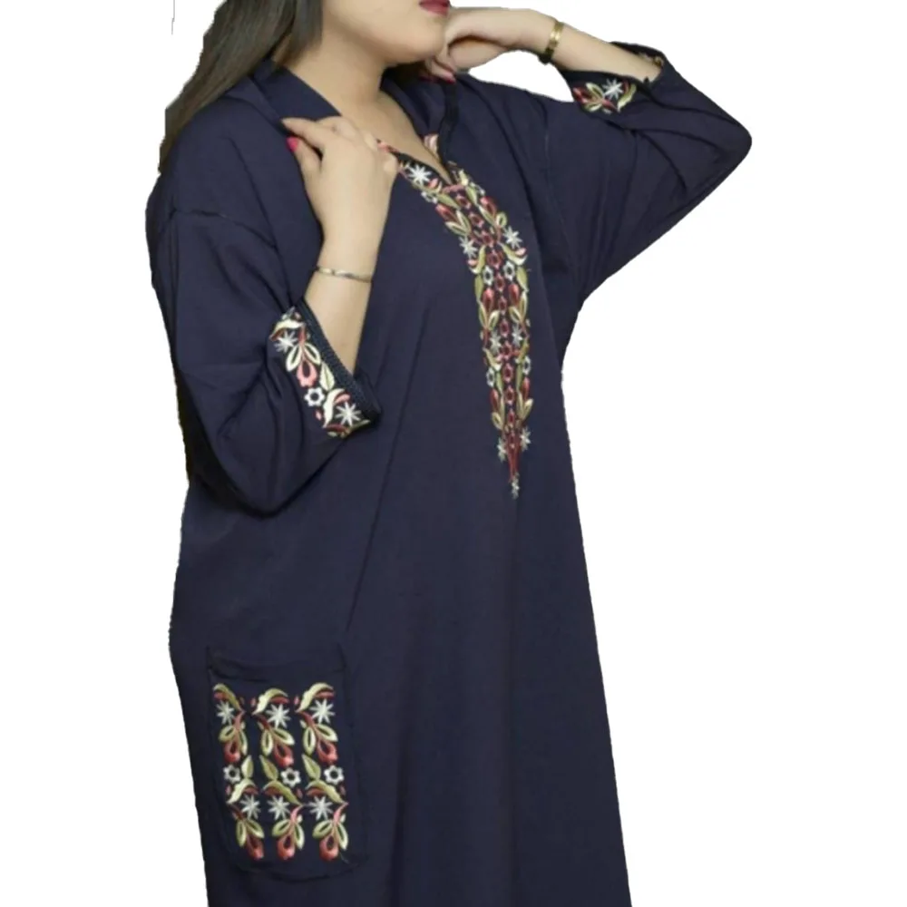 

2021 Summer New Fashion Muslim Solid Color Embroidery Simplicity Women's Dress Temperament Loose Casual Long Sleeve Dress