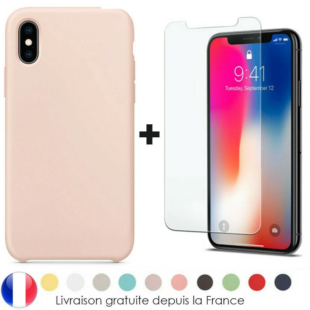 

Coque Silicone for iPhone 6 7 8 Xr Xs MAX X 11 12 Pro + Vitre Verre trempé Ecran
