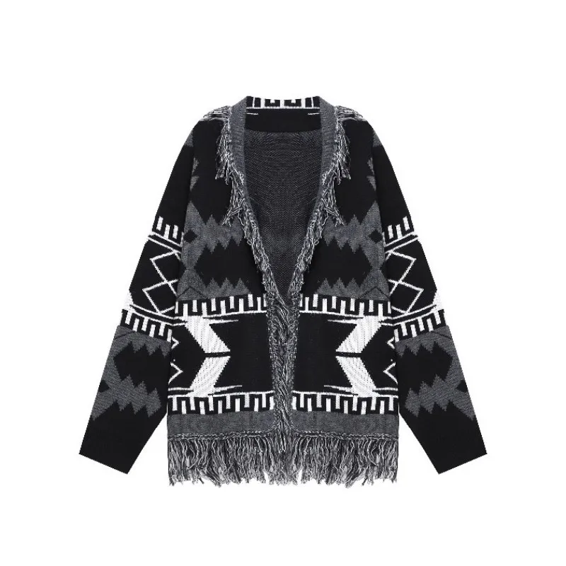 

Harajuku Women Geometric Jacquard Sweater Cardigan BF Loose Tassels Knitted Coat Casual Streetwear Top Knitwear Ladies Cardigans