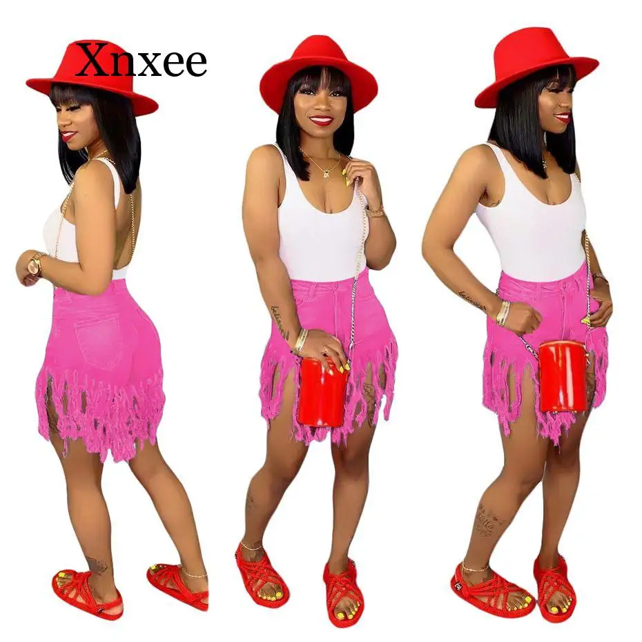 Camo  Tassel Denim Shorts Women Elastic High Waist Rave Short Jeans Summer Streetwear Neon Casual Biker Shorts