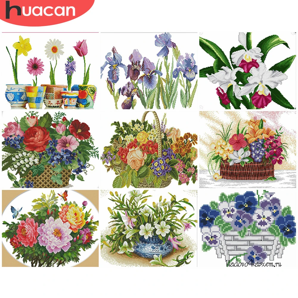 

HUACAN Cross Stitch Flower Kits 11CT 14CT Embroidery Needlework White Canvas Cross-Stitch Flower Sets DIY Gift Home Decor