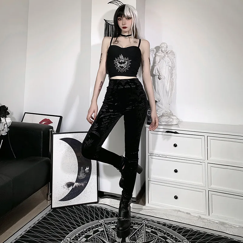 

Gothic design personalized embossed suede fabric pants feet Slim pants