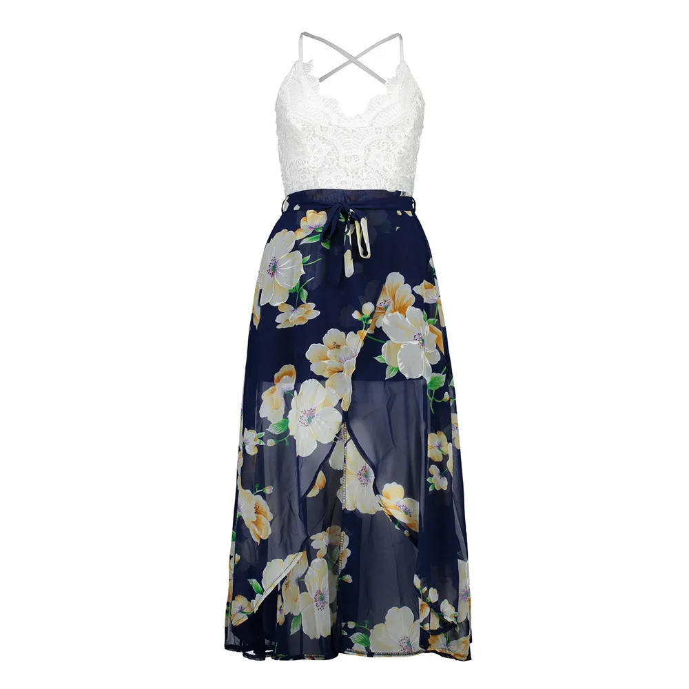

Sexy V-neck Beach Dress Chiffon Lace Patchwork Hollow Backless Print Bandage Dresses For Women Spaghetti Strap Robe Summer Dress