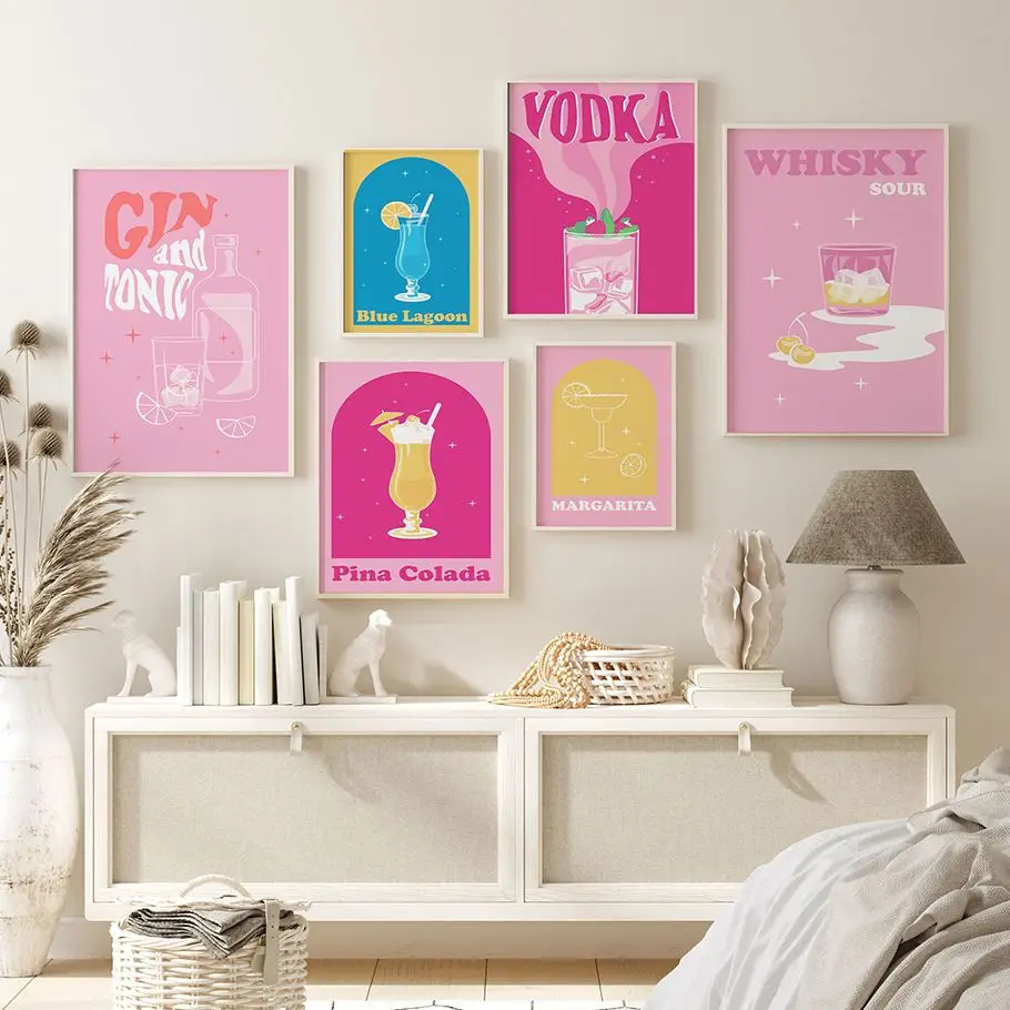 

Nordic Cartoon Pink Cocktail Poster Wine Canvas Painting Juice Art Print Whisky Gin Wall Picture For Living Room Home Decor