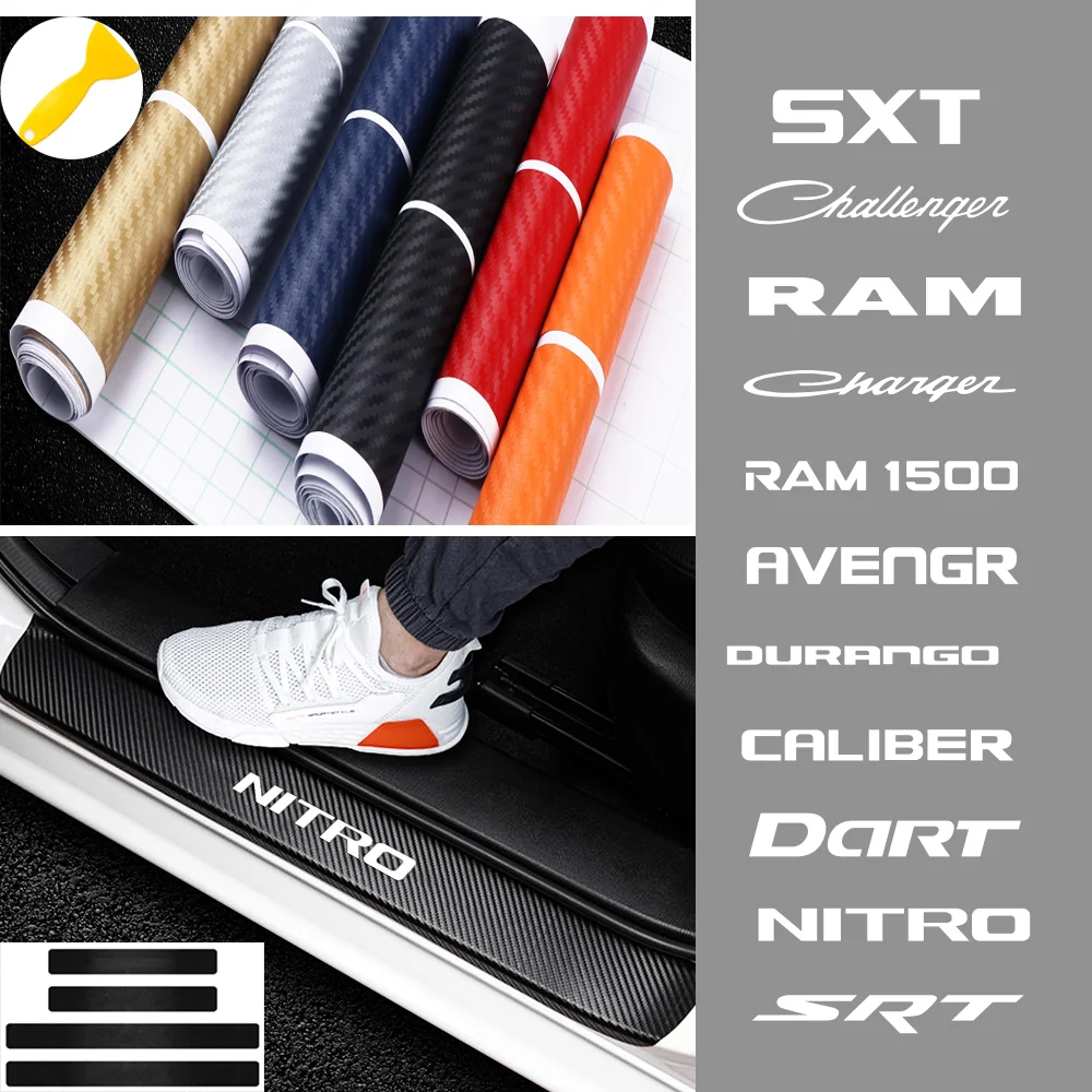 

4pcs Carbon Fiber Sticker Film Door Sill Decor Sticker For Dodge SXT Challenger RAM Charger RAM 1500 Car Styling Accessories