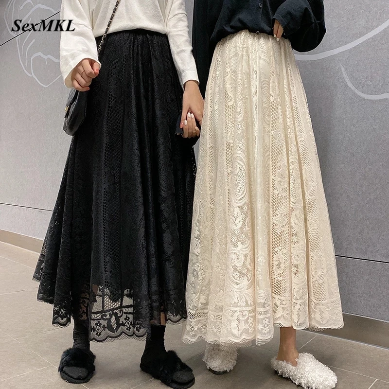 

Elastic High Waist Lace Pleated Skirts Women Long Summer Skirt 2023 Korean Elegant Casual A-line Black Apricot Long Maxi Skirts