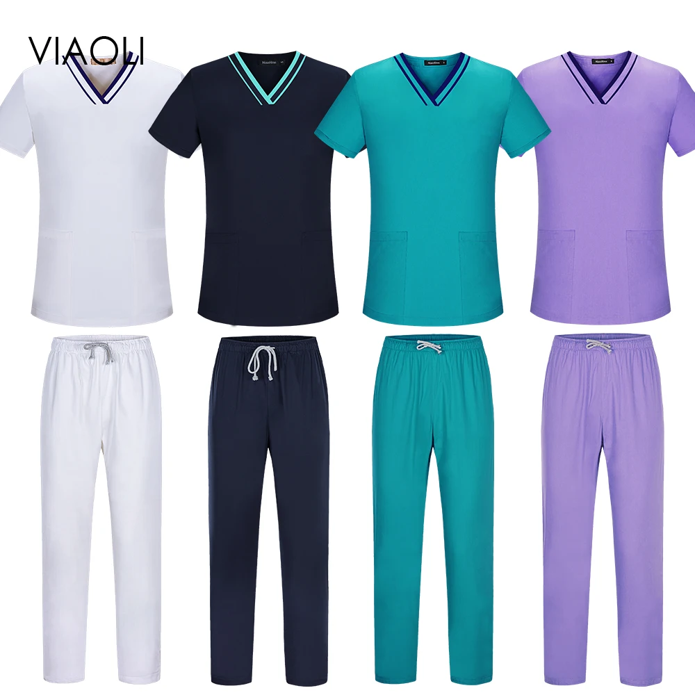 

V-neck Scrubs Work Clothes Men Working Workwear Suit new Short Sleeved Scrubs Tops+Pants set Scrubs Women Health Service Uniform