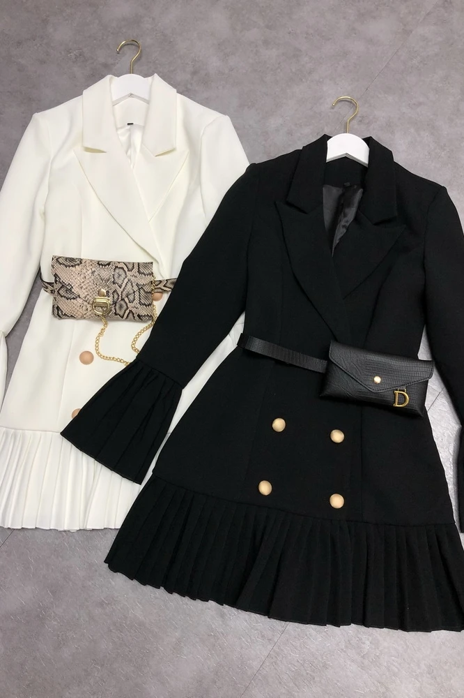 

Japanese Pleated Stitching Skirt Skirt Fairy Sleeves Loose Thin Solid Color Blazer Dress Without Belt