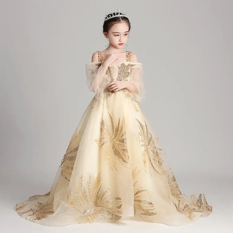 

Роскошное детское платье высокого качества для девочек, вечернее кружевное платье с пианино, со шлейфом, детское Пышное Платье для девочек ...