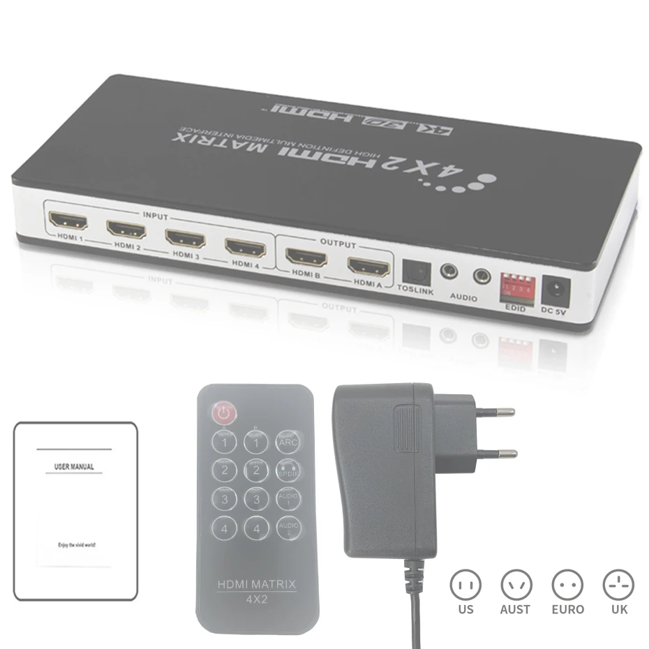 HDMI матрица 4X2 переключатель сплиттер с toslink и стерео аудио 4kX 2K/30 Гц поддерживается