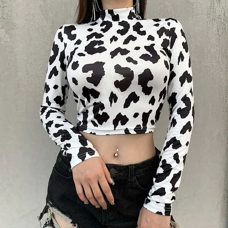 

Women Sexy Long Sleeve Turtleneck Slim Fit Cow Print T Shirt Top for Summer Fall Clothes