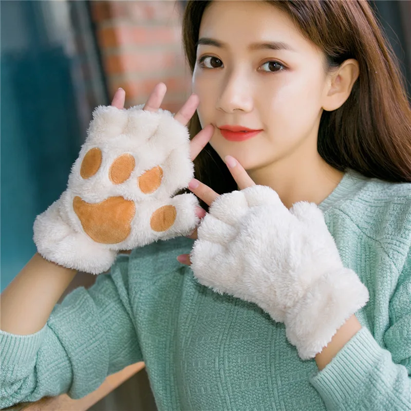 

Cosplay Women Bear Plush Cat Paw Claw Gloves Winter Faux Fur Cute Kitten Fingerless Mittens Gloves Halloween Womens Girls