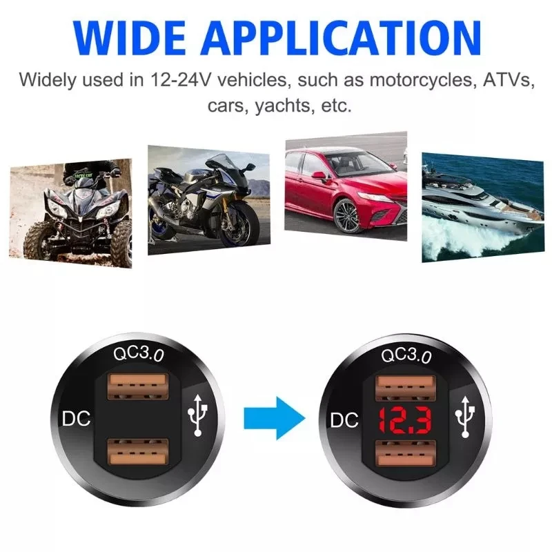 

12V/24V Metal Waterproof Dual QC3.0 USB Fast Car Charger Power Outlet Voltmeter